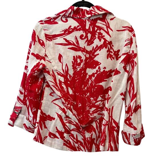 Coldwater Creek Size 6 Womens 100% Linen Top Red White Floral Long Sleeve Button - Picture 2 of 6